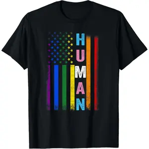 Human LGBT American Flag LGBTQ Rainbow Pride Month Men Women T-Shirt Pure Cotton Graphic Tees Menswear Top: Gifts for Men & Women