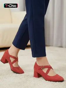 New Fashion Casual British Style Buckle Round Toe Chunky Heel Shoes, Size 35-43, Artificial Leather, Rubber Sole, All Seasons