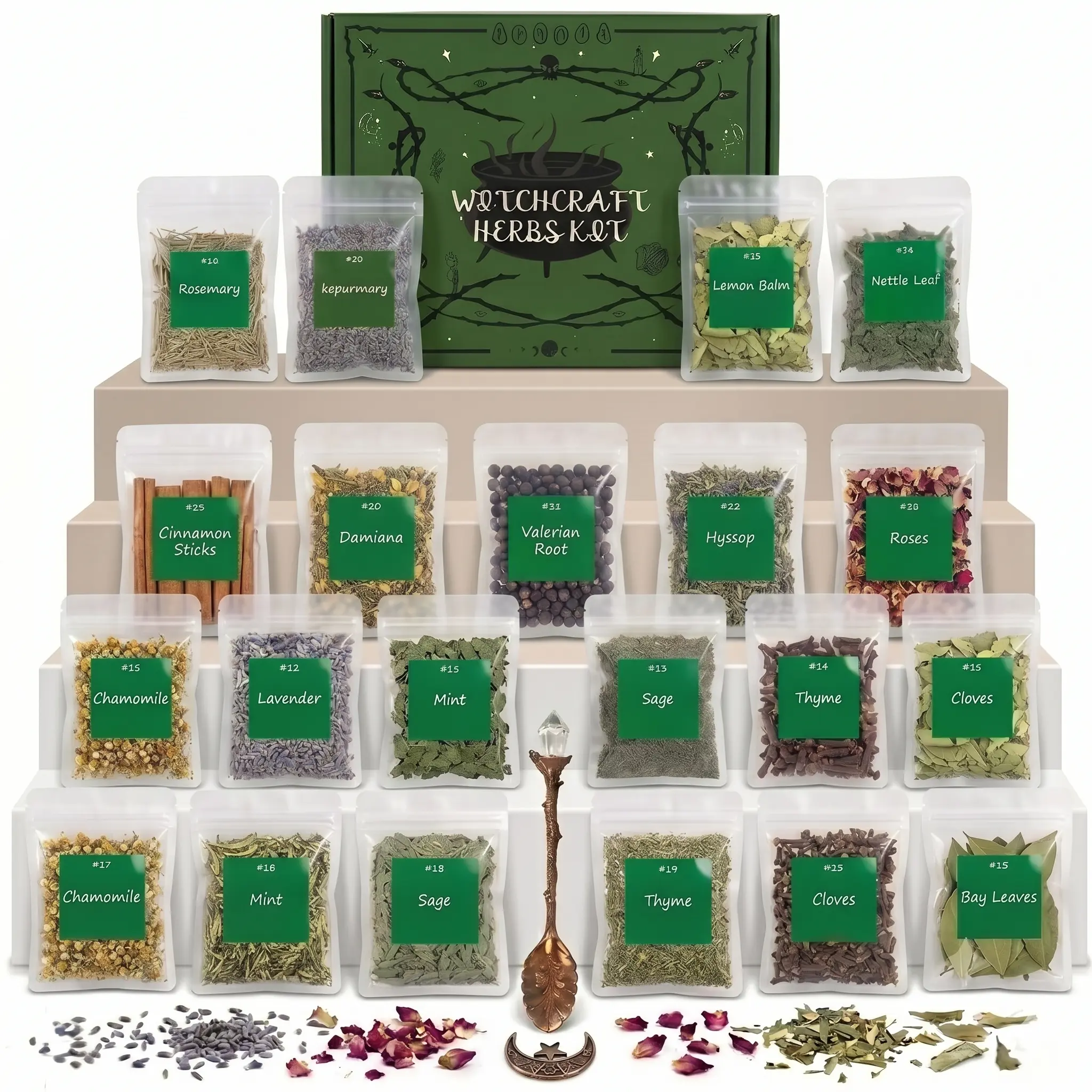 Authentic 30-Bag Green-Box Witchcraft Herb Kit | Labeled Organic Botanicals, Crystal Ritual Spoon & Altar Starter Set