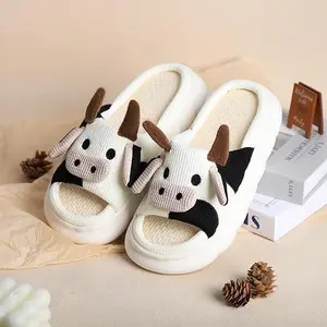Cartoon Cow Cotton Slippers, Summer Indoor Outdoor Slippers for Women\Cow Slippers for Women/Men Indoor, Cute Cartoon Animal House Shoes, Comfortable Cotton Linen Bedroom Kawaii Cloud Slides