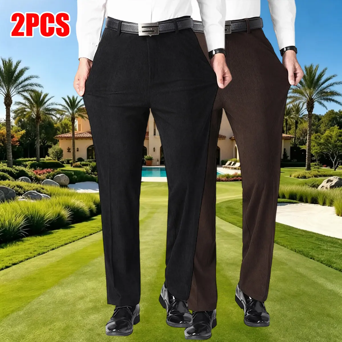 Men’s Slim-Fit Stretch Dress Pants 2-Pack - Menswear Straight-Leg Polyester Full-Length Matte Texture Relaxed Fit Belt-Free Business Casual Trousers, All-Season, Machine Washable, Comfortable, Stylish, Ideal for Office/Formal Occasions