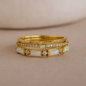 3pc Elegant Women's Synthetic Opal Stackable Ring Set - Wedding Promise Bride Eternity Ring - Anniversary Jewelry for Banquets & Parties - Ideal Daily Wear Gift