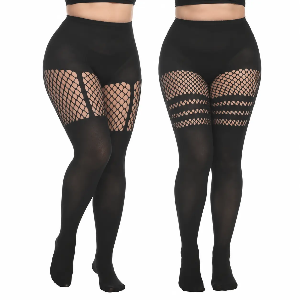Women’s Plus Size Fishnet Thigh High Stockings, Sexy Suspender Pantyhose Tights, 2 Pairs Leg Matching Stockings