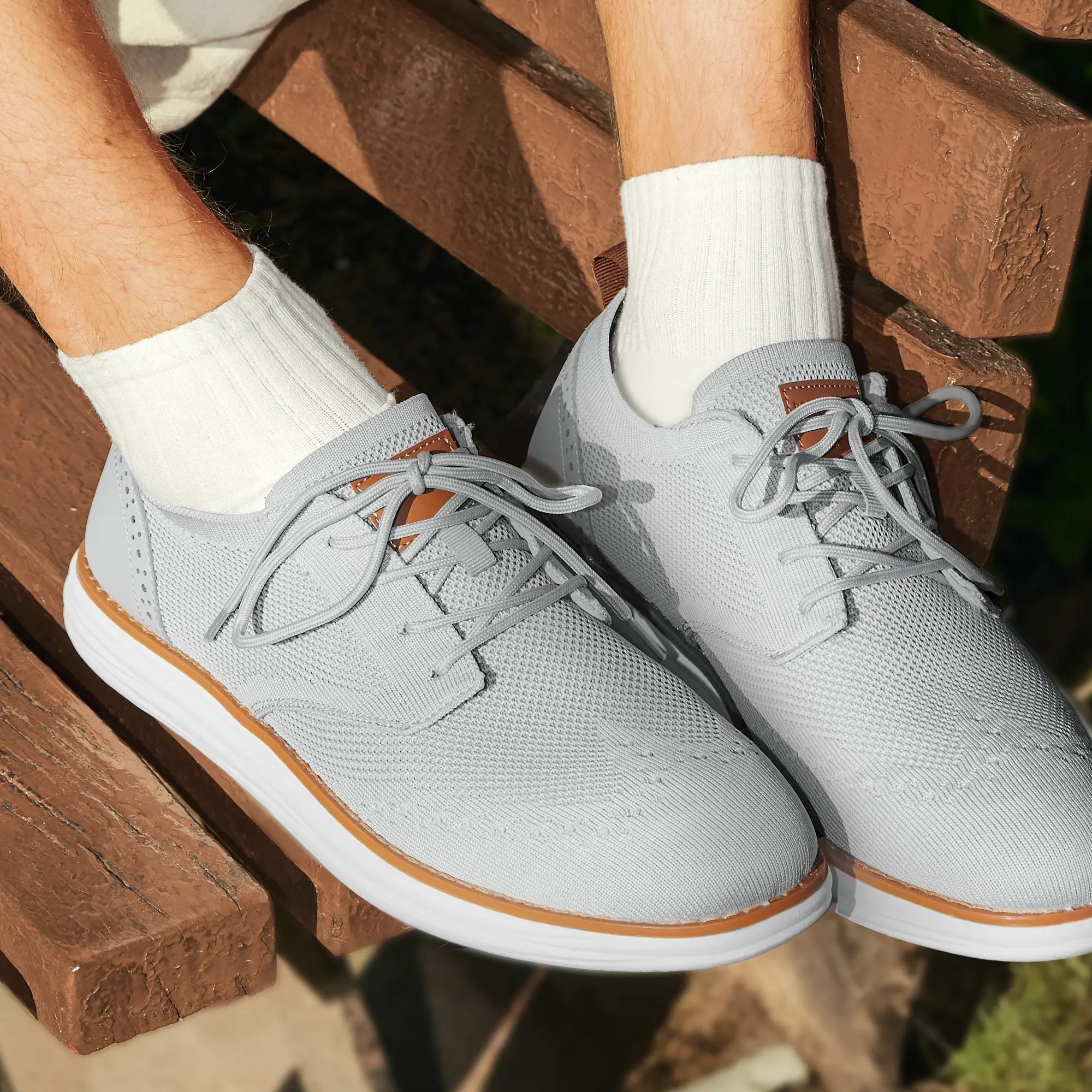 【BRUNO MARC Anniversary】 Men's KnitFlex Craft Knitted Wingtip Oxford Shoes - Low-Cut, Pointed Toe, Fashionable Smart Casual Grey Footwear - TikTok Shop Back to School, Smart Casual Shoes, Closed