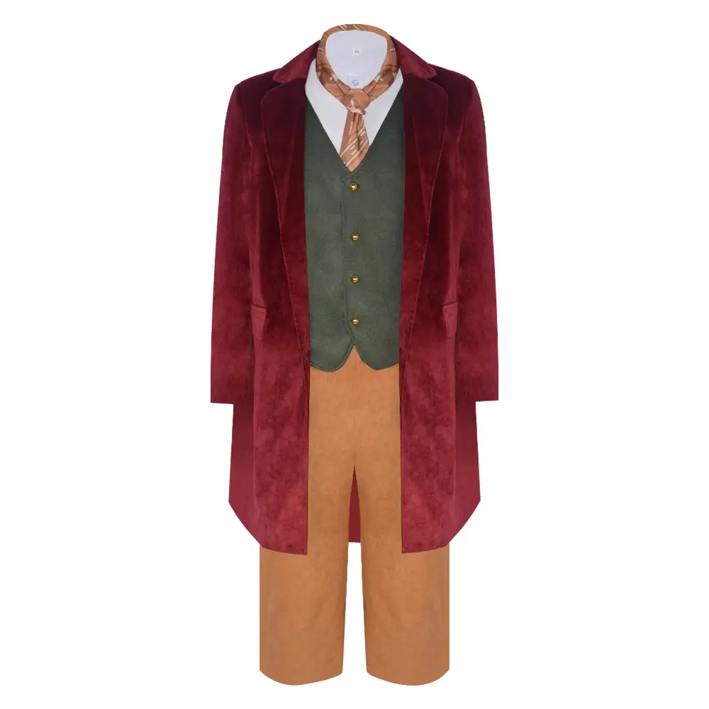 Bilbo Baggins Hobbit Costume Set Red Coat Green Vest Shirt Pants Tie for Comic Con Convention