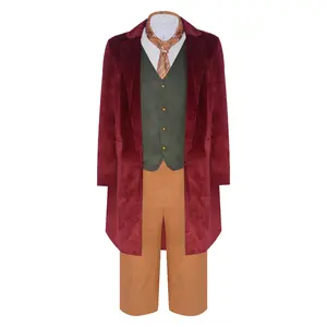 Bilbo Baggins Hobbit Costume Set Red Coat Green Vest Shirt Pants Tie for Comic Con Convention