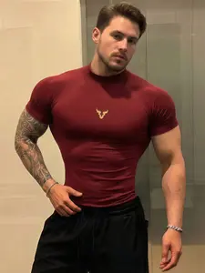 1pc Men's Muscle Fit Gym Workout Tee, High Stretch & Breathable  Mock Neck Top, Soft & Comfortable Compression Shirt with Bull Logo, Viral Gym & Streetwear Essential, Fitness Activewear