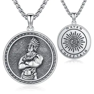 DRINSPER S925 Maya Jewelry 925 Sterling Silver Pendant Necklace K'inich Ahau Necklace Ahau Kin Necklace the God of Sun and Light Pagan Jewelry for Men Women