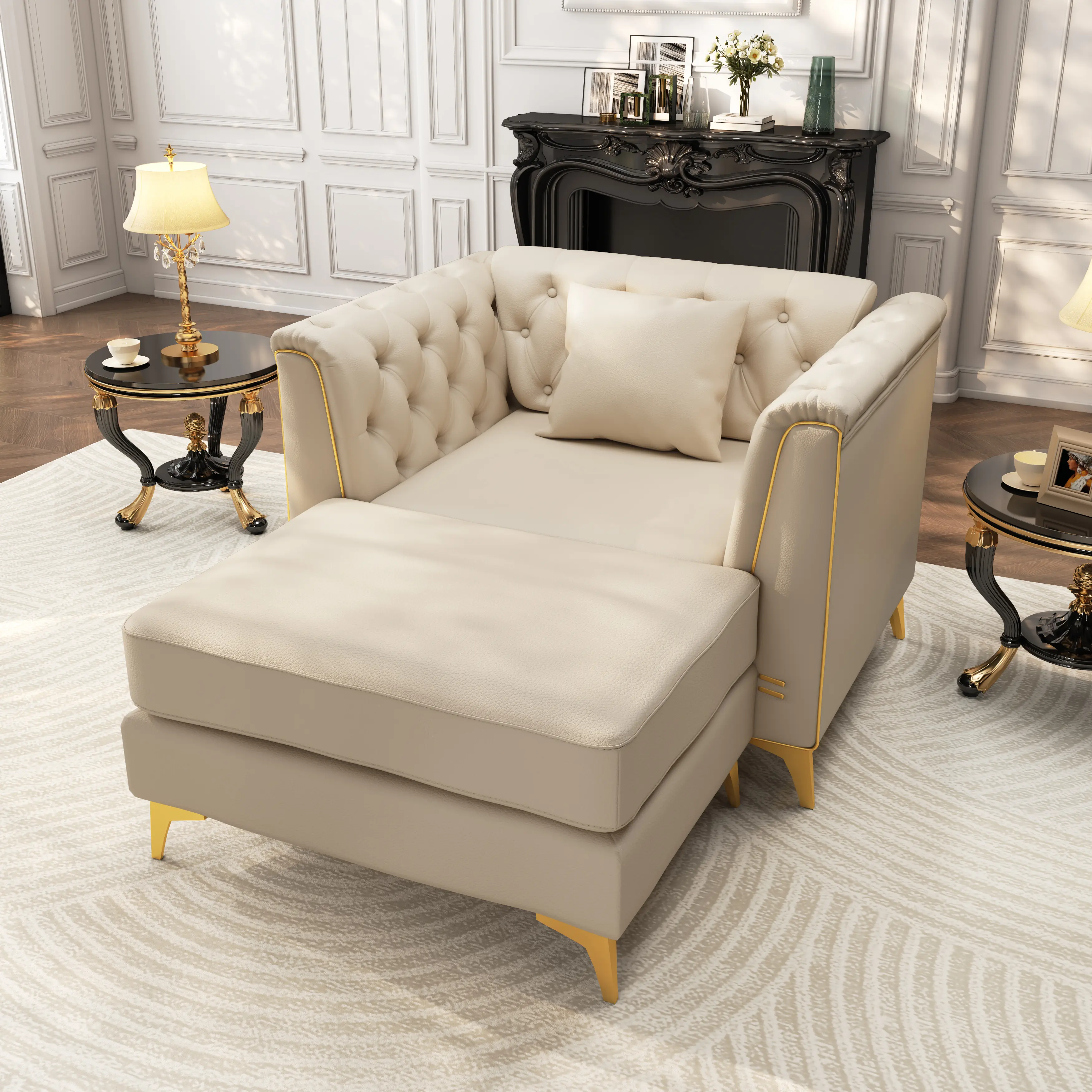 Light-Luxury Modular Chesterfield Faux Leather Sofa Set - 1-Seater/2-Seater/3-Seater with Handmade Button Tufting, Metal Trim Armrests, Thin Metal Legs, Matching Ottoman - for Living Room (Beige/Green)