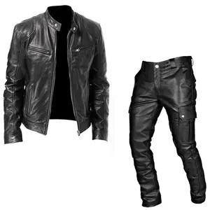 Fall Winter Men's Suit Leather Clothes PU Leather Pants Two-Piece Formal Bestie Long Sleeve Elegant Gym Outfits Autumn Fashion Women Menswear Top Gamis Beige