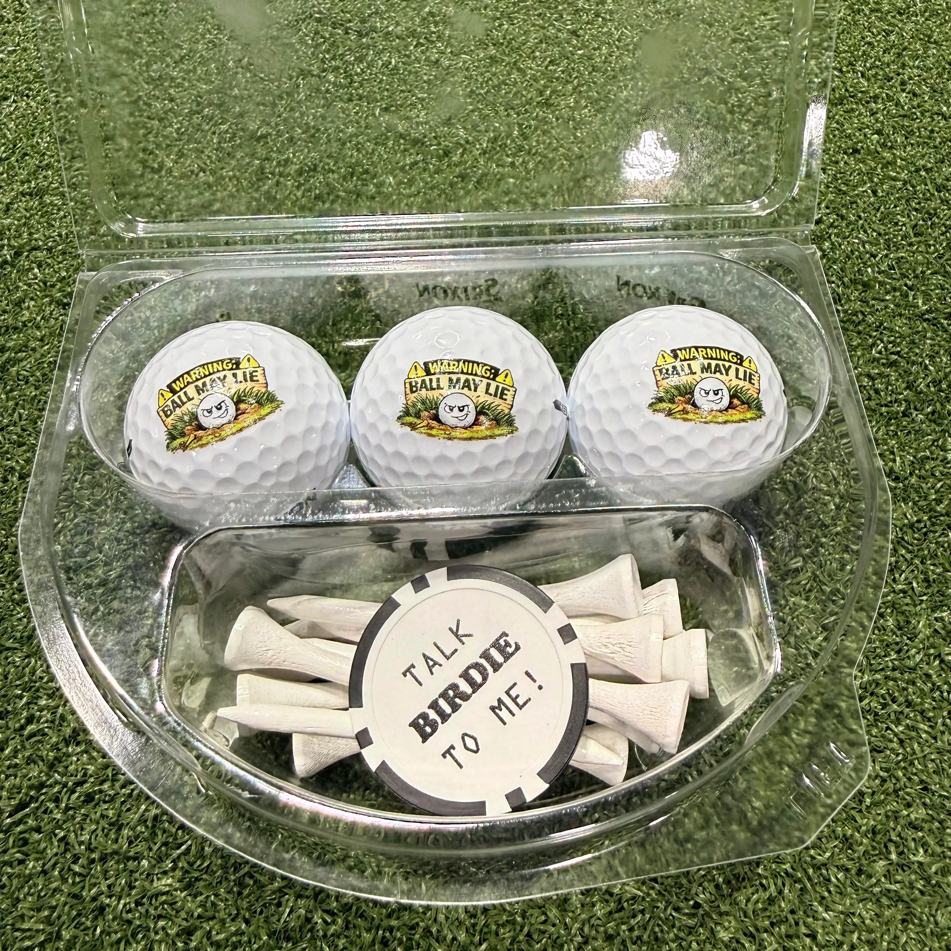 Srixon Standard Golf Ball Gift Set - 3 Balls, 10 Pins, 1 Poker Chip Marker, Funny "Warning: Ball May Lie" "Talk Birdie To Me" Quotes - Unique Gift for Golf Enthusiasts (Sports & Outdoor)