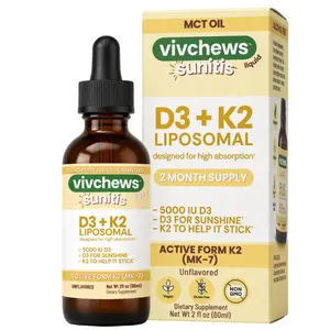 Vivchews Liposomal D3 + K2 Liquid - High-Absorption, 5,000 IU Vitamin D3, 100 mcg K2 (MK-7), MCT oil, Non-GMO, Gluten-Free, Vegan, Alcohol-Free, No Artificial Colors, Flavors, Sweeteners, 2 Month Supply, Third-Party Tested, Unflavored, 2 fl oz