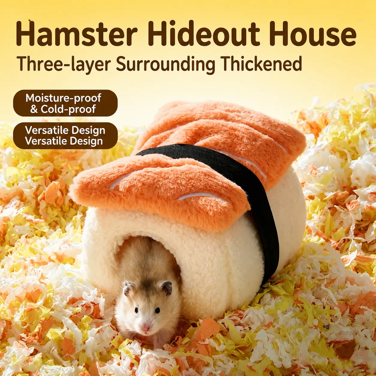 Sushi Style Plush Hamster Bed Cozy Hideout House Warm Sleeping Nest for Hamsters&Small Animals - Salmon & Tamago Design