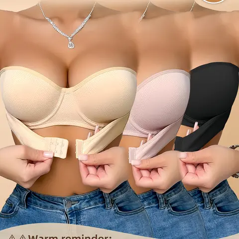 Women's Strapless Push-Up Bra - 1/3PCS, Button Front Closure, Anti-Sagging, Non-Slip, Natural Lift, Minimalist Elegant, Retro Sexy, Comfortable for Bridal Off-Shoulder Outfits, Halloween, Christmas, Birthday, Family Gatherings