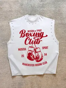 Men's Boxing Club Rivet Sleeveless Vest, Long Fitted Athletic, Rivet Decoration, Boxing Glove Graphic Print, Fitness and Street Casual Style, Preferred Choice