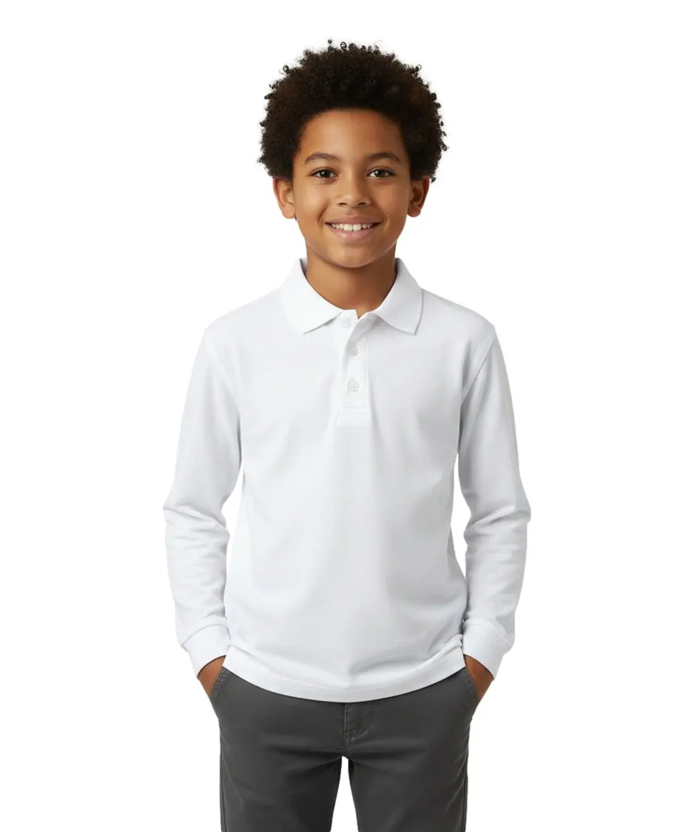 UNIK Boys' Premium Pique Fabric Collared Neck Long-Sleeve Regular-Fit Uniform Polo Shirt - All Seasons Uniform Wear, White, Size 5-18, BSU02, Kids' Tops