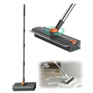 4 in 1 Floor Scrub Brush with Squeegee Long Handle Grout Brush 52'' 2026 Upgraded Multi-Functional Stiff Bristle Cleaning Scrub Brush Rotating Tile Brush for Cleaning Bathroom Patio, Pool, Garage