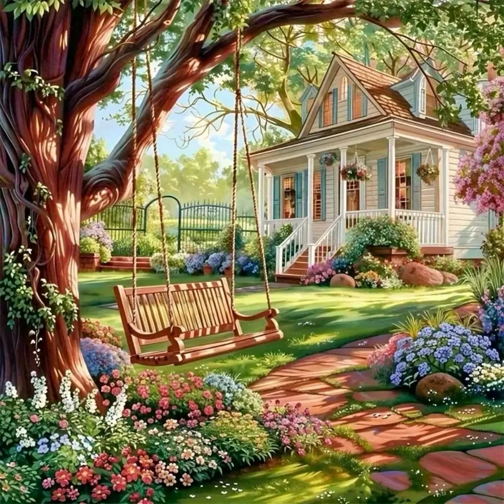 American Cottage with Tree Swing in Spring Garden, Multiple sizes available including diamonds, This 5D DIY Craft Series diamond painting set, Diy Craft Supplies, diamond art embroidery kit furniture decor holiday birthday art gift