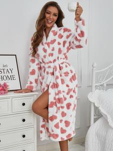 women's heart print belted pocket lounge robe, casual long sleeve v neck warm robe, ladies sleepwear for fall & winter, night gown, soft casual pajamas