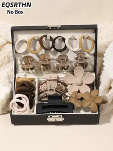 29pcs low saturation brown hair accessories set, featuring brown/black low saturation color clip hairring, Elastics, simple texture, daily multi-scene, practical for daily hair