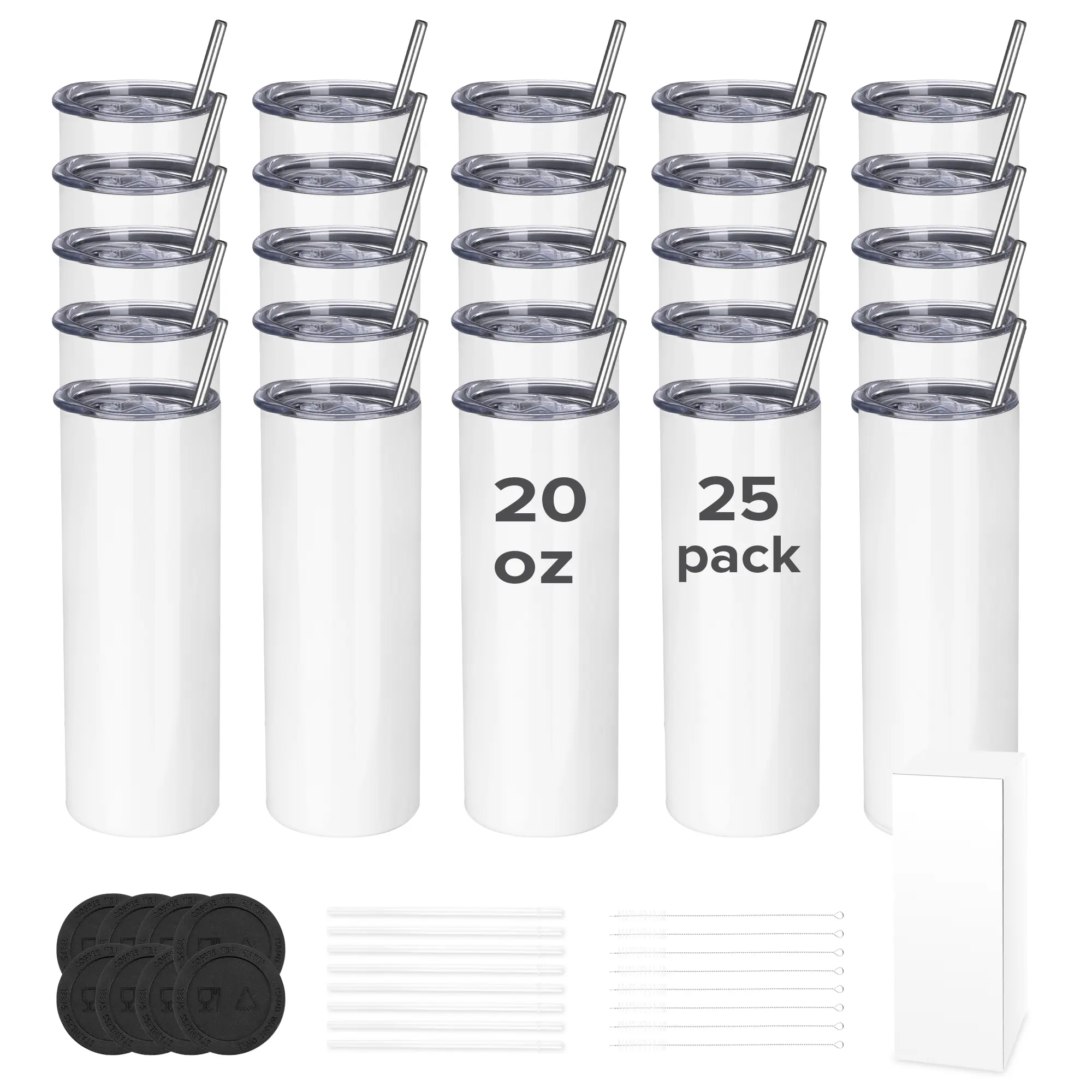 FASTSUB Wholesale 25-Pack 20 oz Sublimation Tumbler Bottles, Stainless Steel Double Wall Insulated Temperature-Control Vacuum Flasks with Lids and Straws for Tumbler Press Machine, Oven,father'sdaygifts
