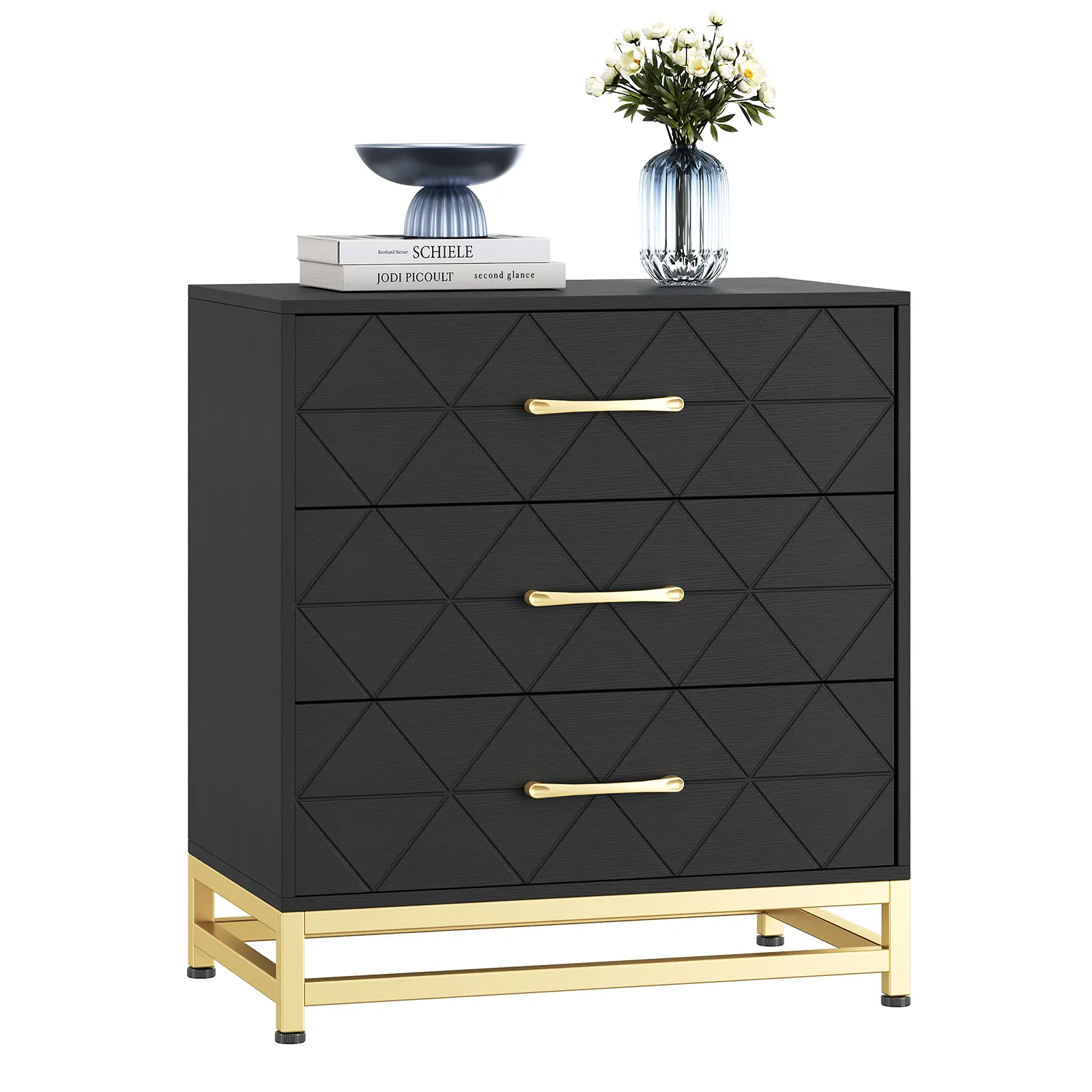 3 Drawer Dresser Wooden Bedside Storage Bedroom Triple Dresser Bedside Dresser for Storage Modern Dresser with Gold Handles