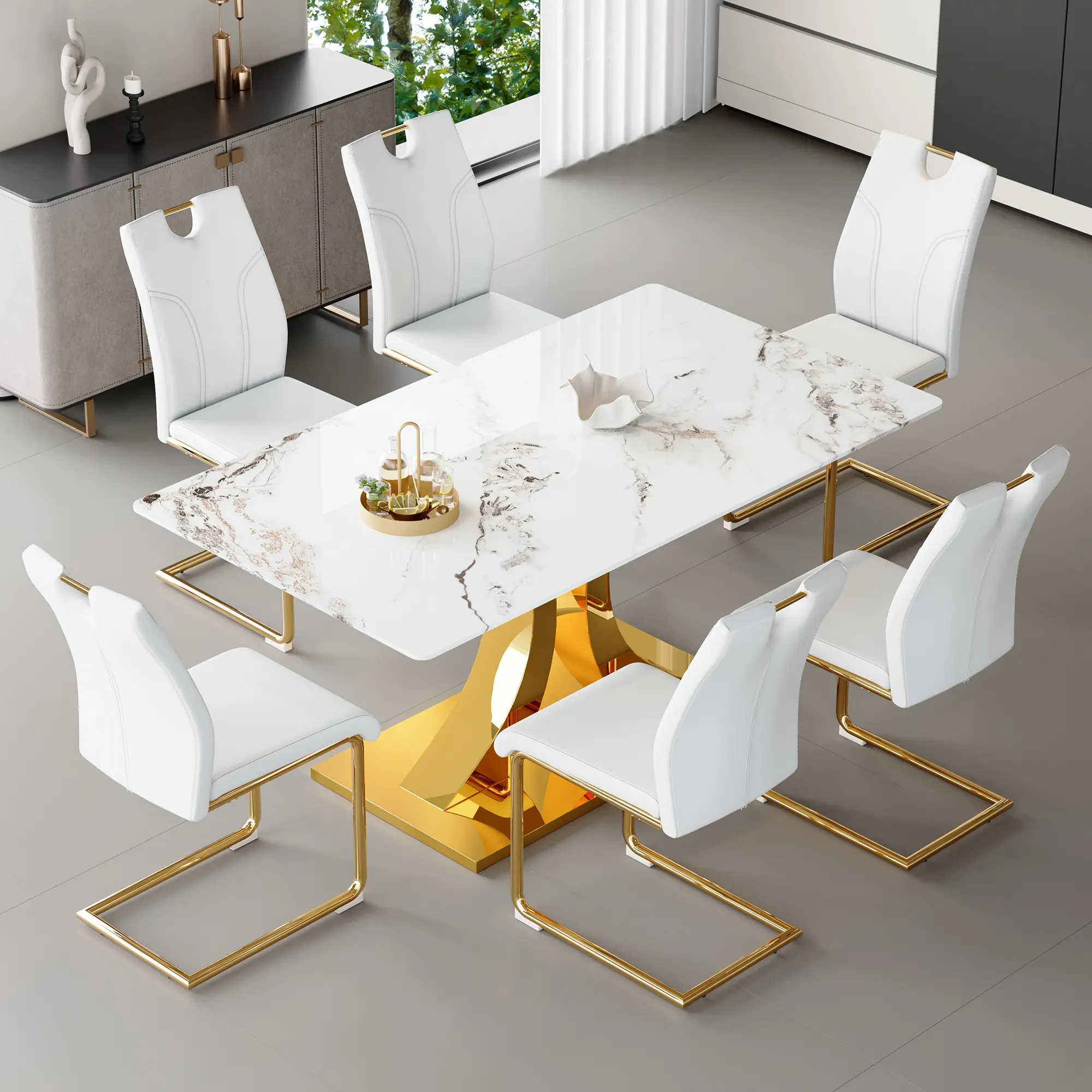 Dining Table Set for 6, Kitchen Table Chairs Set of 6, Rectangular Dining Table,  63" White Tempered Glass Top with Adjustable Stainless Steel Base,PU Leather Upholstered Chairs,Suitable for Dining Room,Office,Kitchen