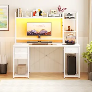 Cyclysio 47'' Computer Desk with Hutch and 3 Fabric Drawers,Reversible Gaming Desk with Charge Station and LED Light and Storage Shelves,Easy Assembly