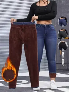 Women's Fleece-Lined Thermal Jeans, Slim Fit Denim For Fall & Winter