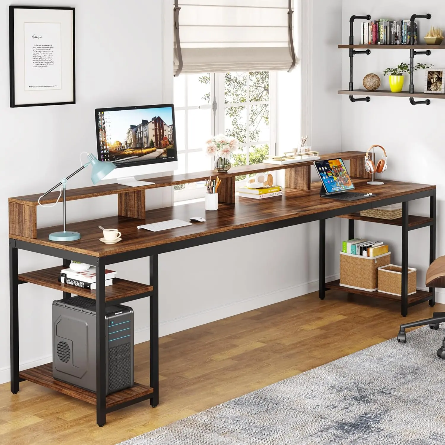 LITTLE TREE Two Person Desk with Monitor Stand, 78.74" Long Double Computer Office Desk with Storage Shelves, Large Gaming Study Writing Table Workstation for Home Office