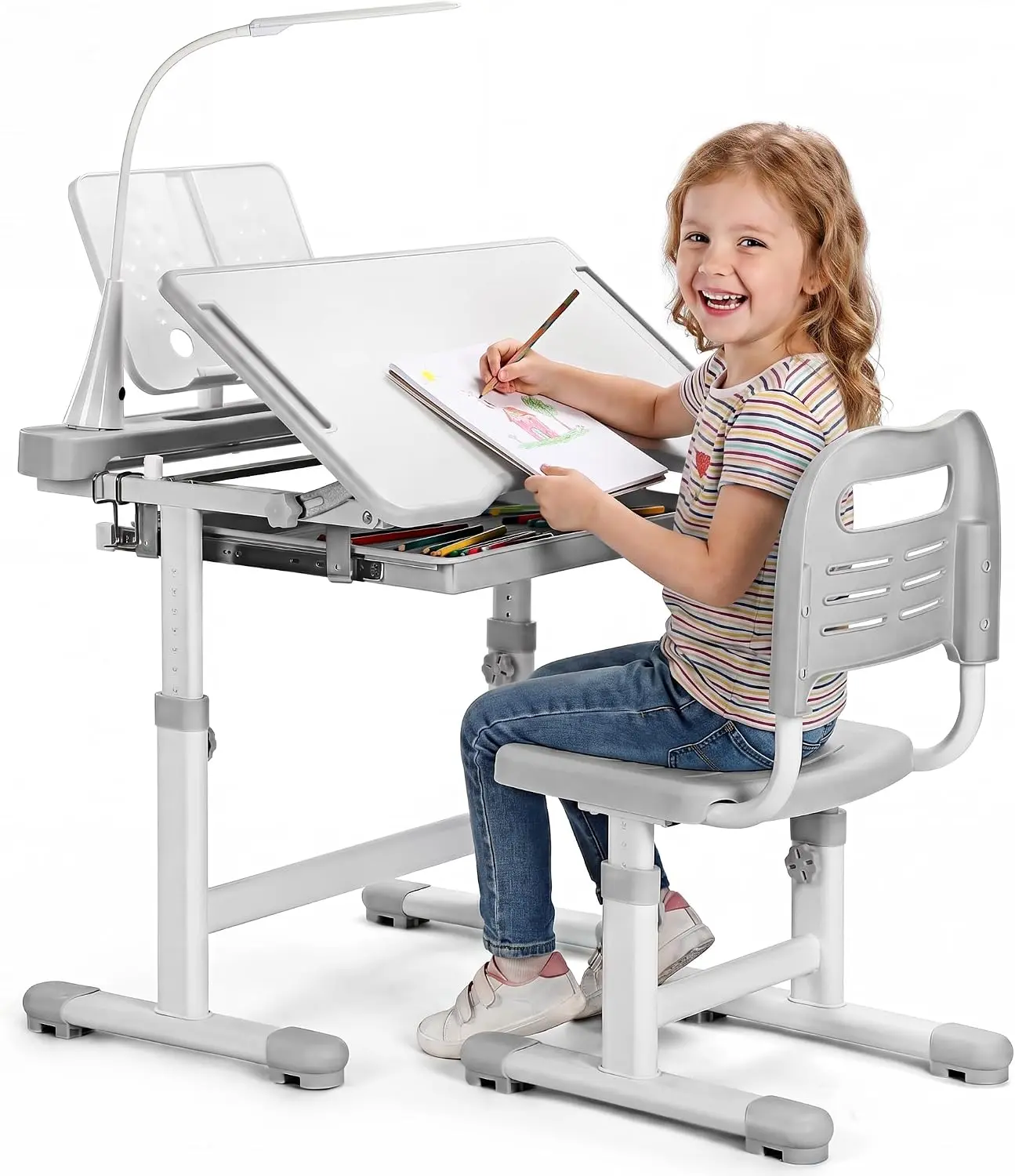 Decofy Kids Desk and Chair Set with 55° Tiltable Desktop, Grey | Height Adjustable Children Study Desk with 3 Modes & Brightness LED Light, Storage Drawer & Metal Hook for Boys Girls