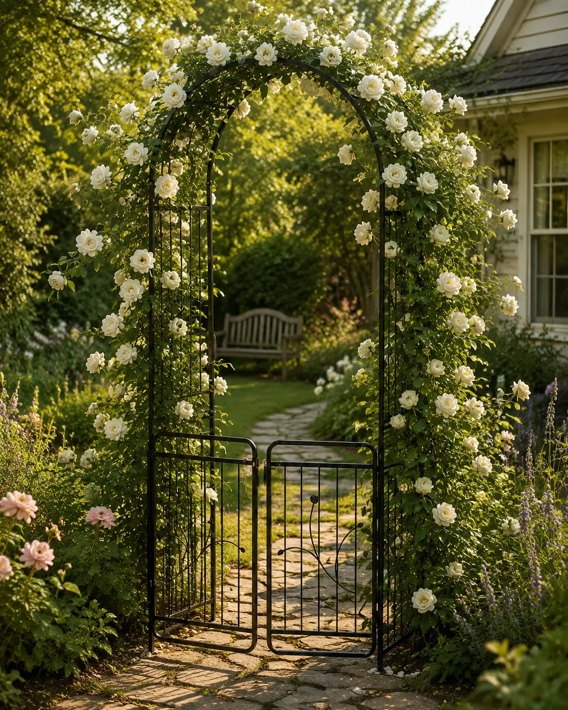 Garden Archway,  Heavy Duty Metal Garden Arbor Archway with Ground Stakes for Climbing Plants Outdoor,  Lawn Backyard Patio Wedding Party Ceremony Decoration, Christmas Decorations Pergola, Black