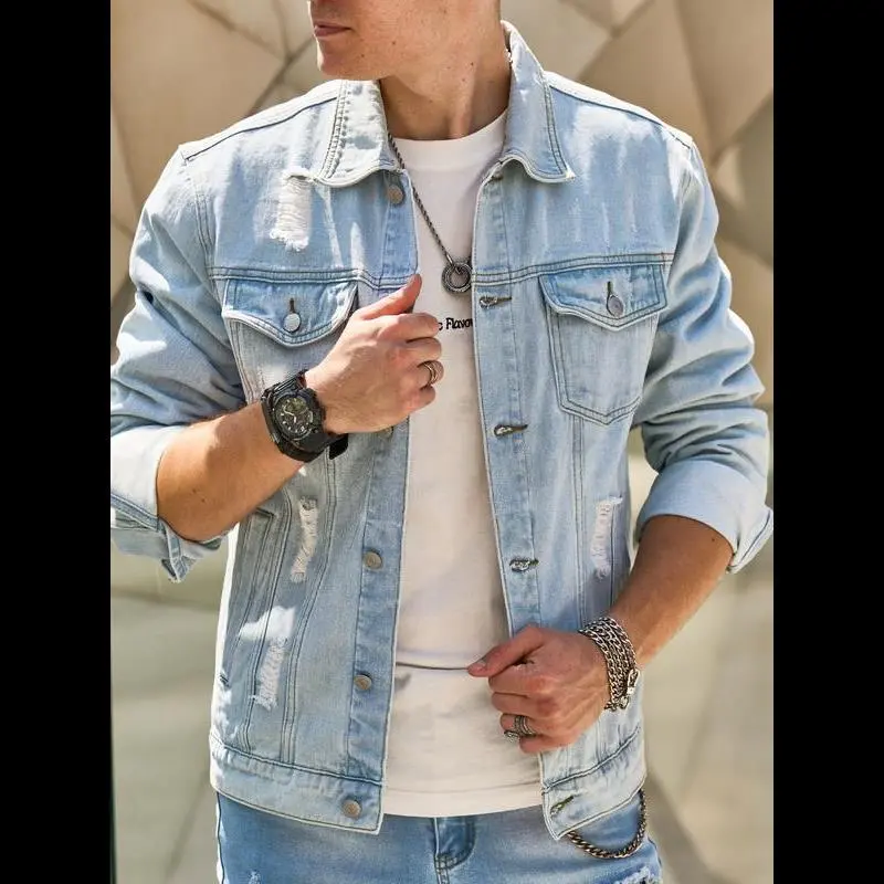 Men's Korean Menswear Stylish Raw-Wash Ripped Denim Jacket - Casual Button-Front Pocket Design, Raw-Hem Aesthetic Fabric Jean Coat for Daily Sports & Outdoor Wear