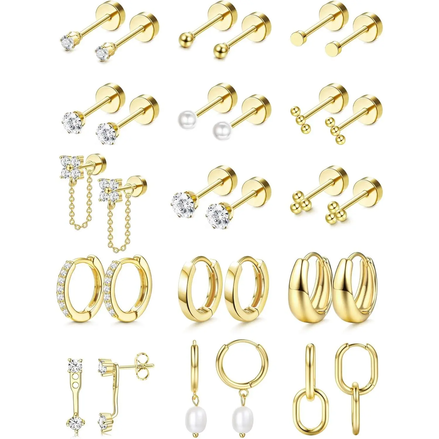YADOCA Women's 20G Hypoallergenic Surgical Steel Flat Back Earrings Set - Trendy Huggie Hoop, Layered Casual Earrings for Adults' Sensitive Ears, Multiple Piercings, Body Safe Daily Elegance