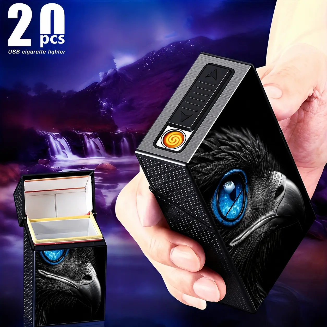 2-in-1 USB Rechargeable Storage Case with Built-In Electric Lighter, 20-Slot Capacity, Windproof and Durable, Double-Sided Eagle Design, Portable Gift for Men Aluminum Alloy