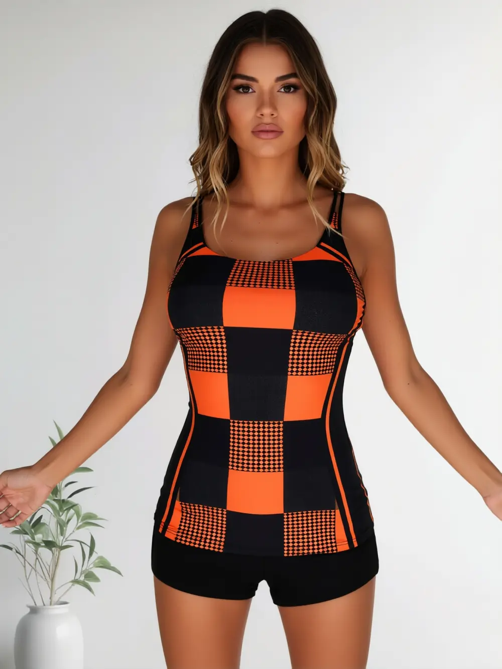Women's Sporty Chic 2-Piece Printed Tankini Swimsuit Set - Orange & Black Checkered Top with Boy Shorts, Black & White Floral Print Option for Sports & Outdoor Use, 2-Piece Tankinis Set, Two Pieces, Black And White Floral Print Women's Tankinis Set