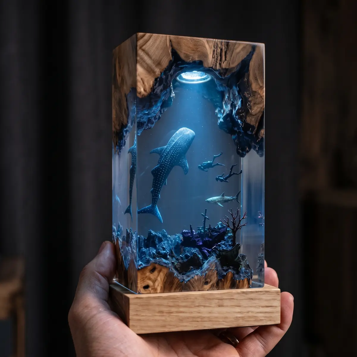 [Limited edition] [CV3] Whale Shark Resin Lamp, Ocean Epoxy Resin Night Light, Handmade Deep Sea Diorama, Underwater LED Desk Lamp, Marine Life Home Decor, Wooden Base Ambient Light, Unique Gift for Ocean Lovers
