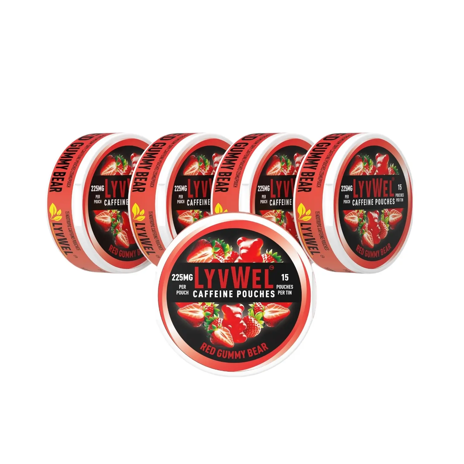 5 Pack-RED GUMMY BEAR Caffeine pouches with-225 mg. 15 pouches per Jar. Energy Sport Beverage Nootropic Drink with Gummy Bears free healthy evergy c affine