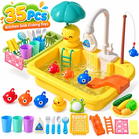 Cute Stone Kids Play Kitchen Accessories - Upgraded Electric Faucet Sink Water Toy, Float Fish & Frogs Fishing Dishes Set, Portable Pretend Play House for 6-8 Years Girls' Fun & Kids’ Learning (16.1x10.6x3.9 in, 4 AA Batteries) by Dealsforyouday