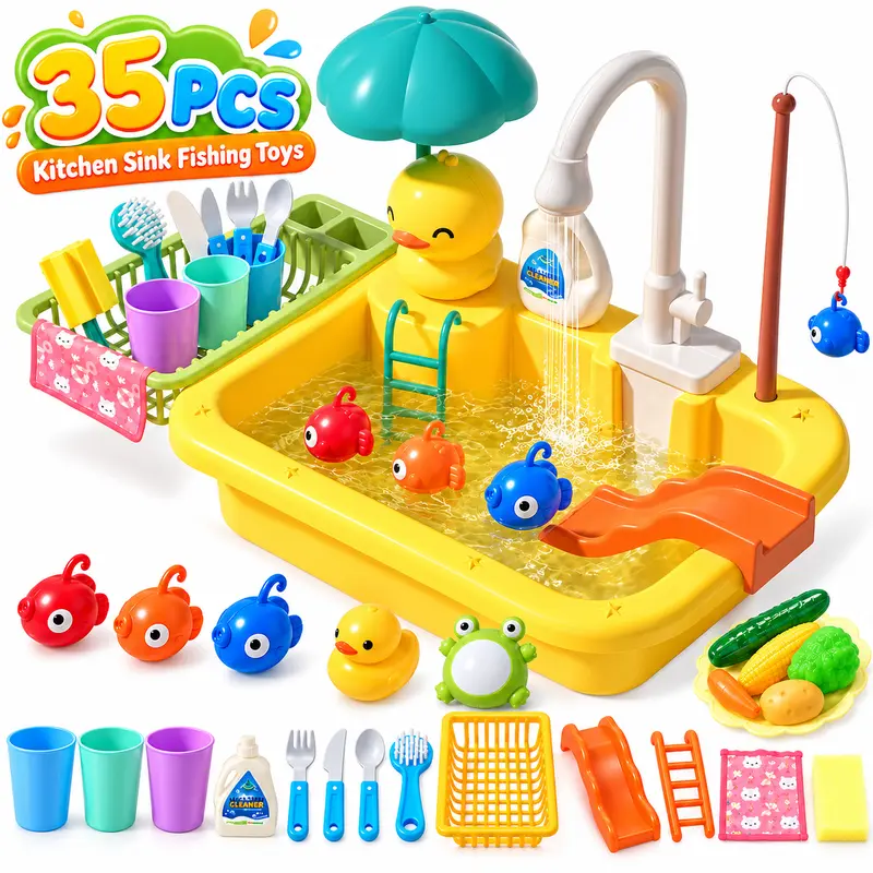 Cute Stone Kids Play Kitchen Accessories - Upgraded Electric Faucet Sink Water Toy, Float Fish & Frogs Fishing Dishes Set, Portable Pretend Play House for 6-8 Years Girls' Fun & Kids’ Learning (16.1x10.6x3.9 in, 4 AA Batteries) by Dealsforyouday