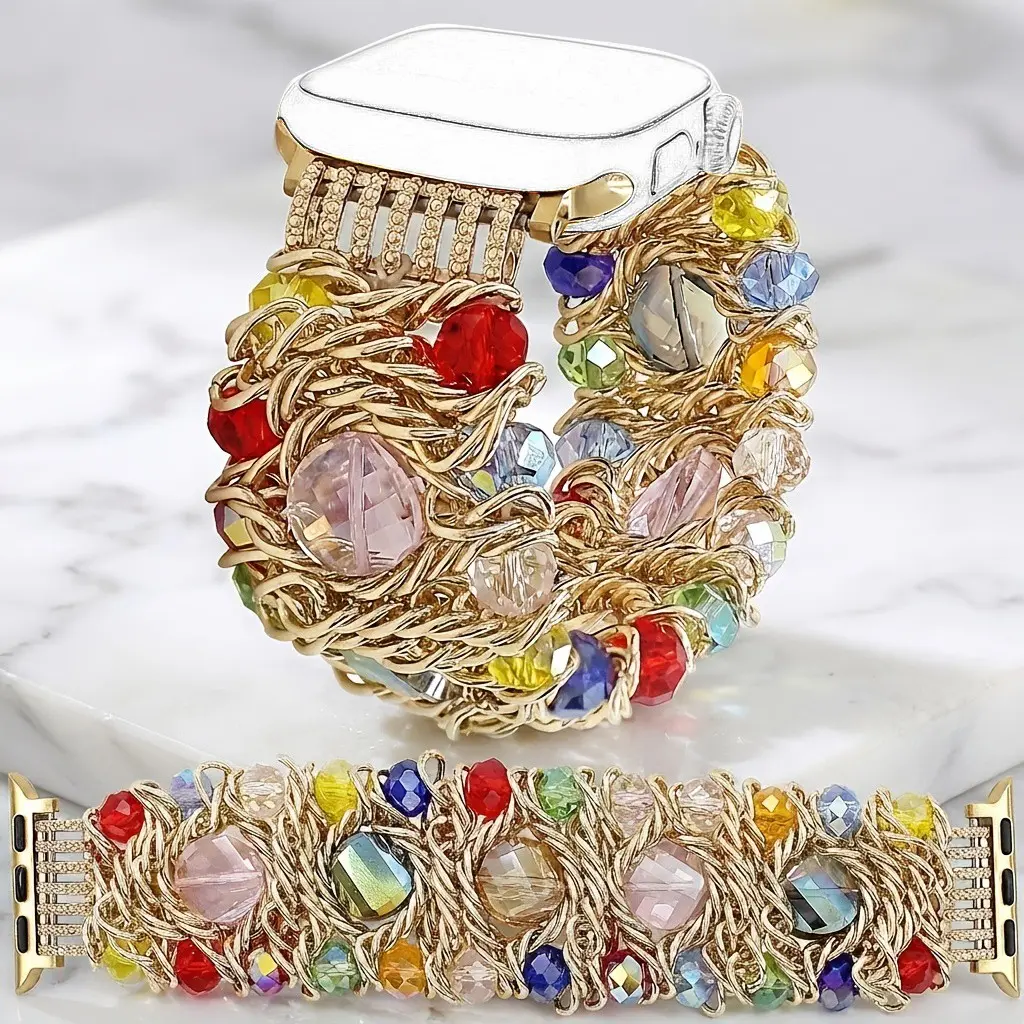 1 Pc Women's Colorful Glass Beads & Metal Bracelet Watch Band, Smart Watch Accessories, Wearable Accessory, For Apple Watch 38/40/41/42/44/45mm, bohemian style elastic strap Smart Watch Strap For iWatch Series 11/SE Ultra, watch not included