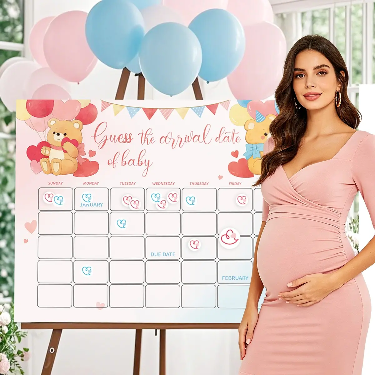 Newborn Arrival Party Gift Set, Baby Shower Game Kit, Bear Poster, Heart Stickers, Due Date Calendar, Gender Reveal Sign, Home Party Decor, Baby Shower Decorations, Party Pack