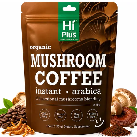 HiPlus Instant 10 in 1 Mushroom Coffee Powder No Additives, 30 Servings