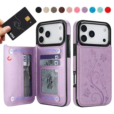 For iPhone 18 Pro Max 17 16 15 14 13 12 Card Wallet Case WOMEN Leather Case with Card Holder,  Double Magnetic Buttons Flip Cover Case