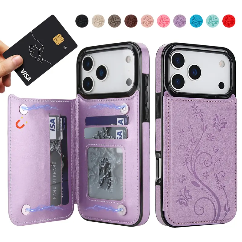 For iPhone 18 Pro Max 17 16 15 14 13 12 Card Wallet Case WOMEN Leather Case with Card Holder,  Double Magnetic Buttons Flip Cover Case