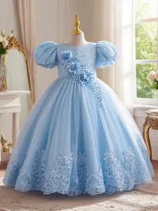 Girls' Elegant Puff Sleeve Dress with Embroidered Floral Design Suitable for Dance Piano Anniversary Or Other Occasions, Floral Embroidery Dress, Tulle Overlay Dress, Princess Seraphina Dress
