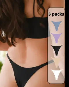 5-Pack Women's Solid Color Thong Panties -Seamless，Sexy, Comfy  Breathable & Everyday Essentials Casual Elegant