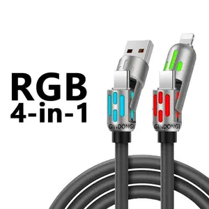 4-in-1 USB charging cable with USB-A/USB Type-C/Lightning — fast charging and data transfer, 6.6 ft length with breathing light for smart devices