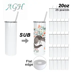 AGH 25pcs 20oz Flat Edge White Sublimation Tumblers Bulk Double Wall Stainless Steel Blanks Cups Water Bottles for Heat Transfer Printing