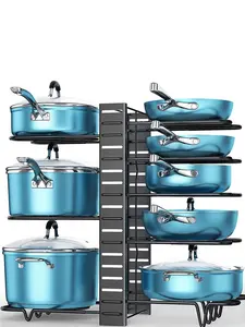 Pots and Pans Organizer, 8 Tier with 3 DIY Methods, Adjustable Rack for Cabinet, Kitchen Organization, Storage and for Pot Lid